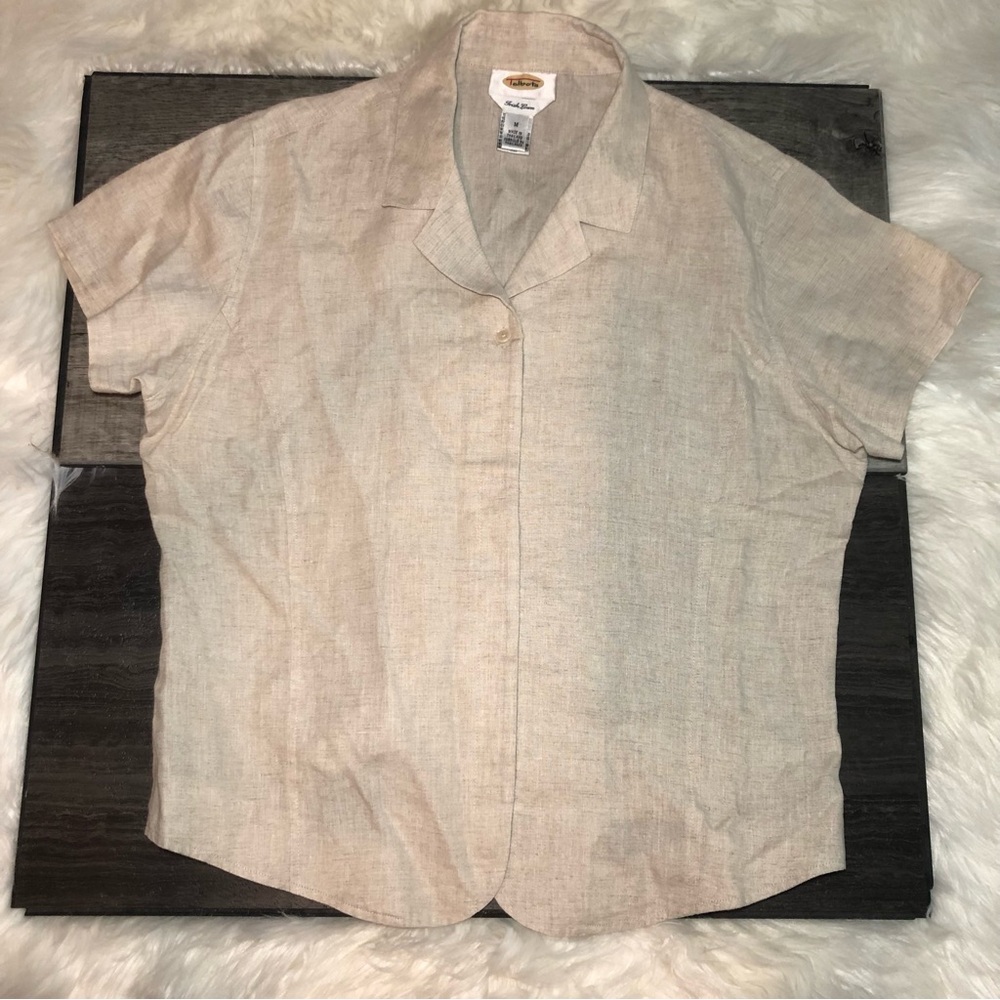 VTG Talbots 100% Irish Linen Women’s Button Up Short Sleeve Shirt Medium Beige
